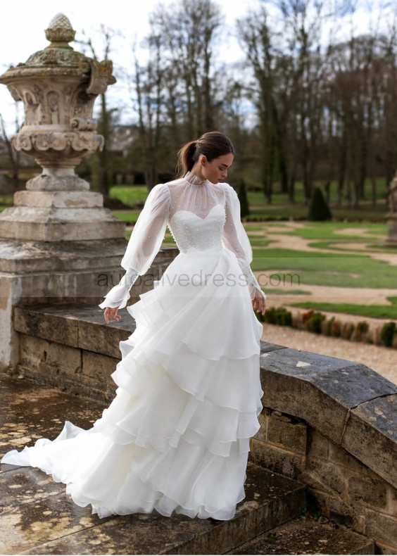 Long Sleeves Beaded White Organza Layered Wedding Dress